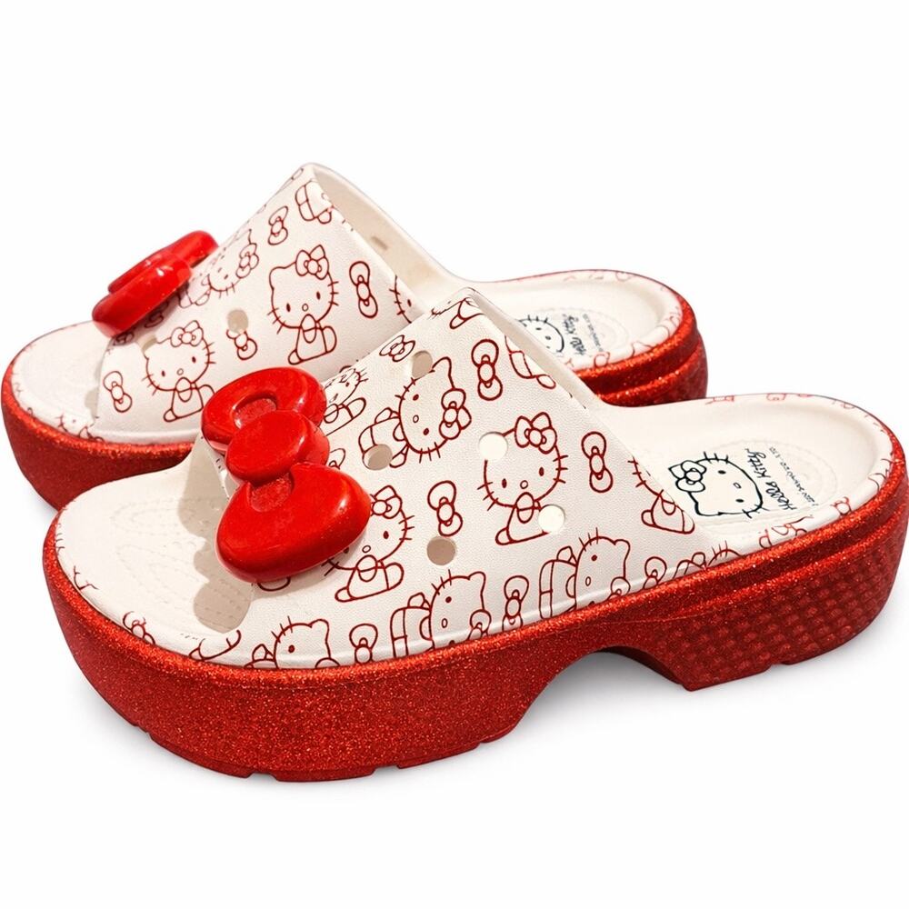 Hello Kitty Crocs Platform Slides Red Glitter Bow Sandals Womens 7 Sanrio